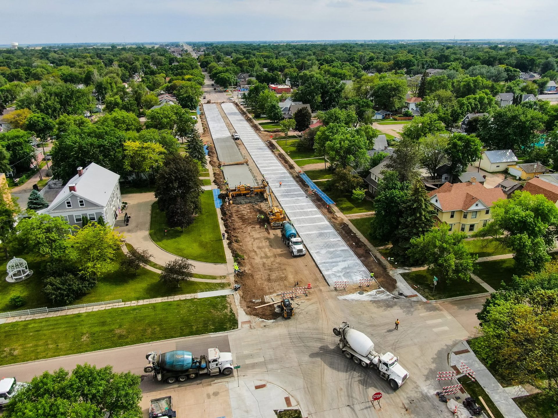 Aerial evening view of a street paving project