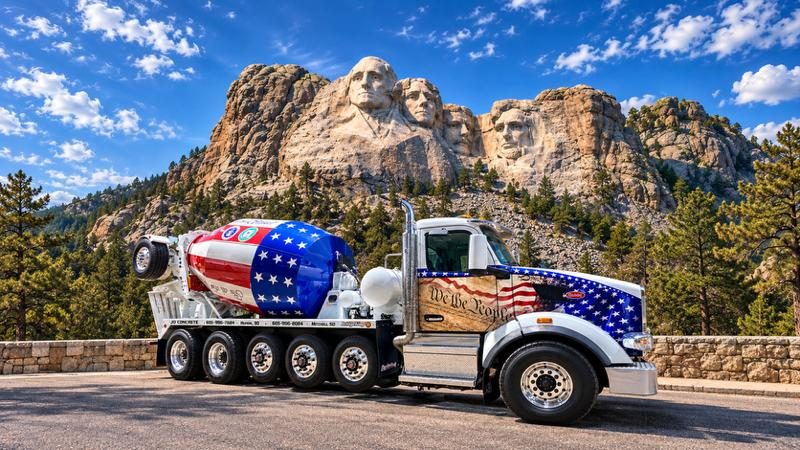 The We The People flag mixer truck in front of Mount Rushmore